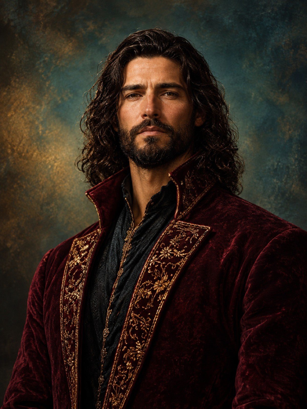 Homem de Cabelo Longo e Veludo Bordô