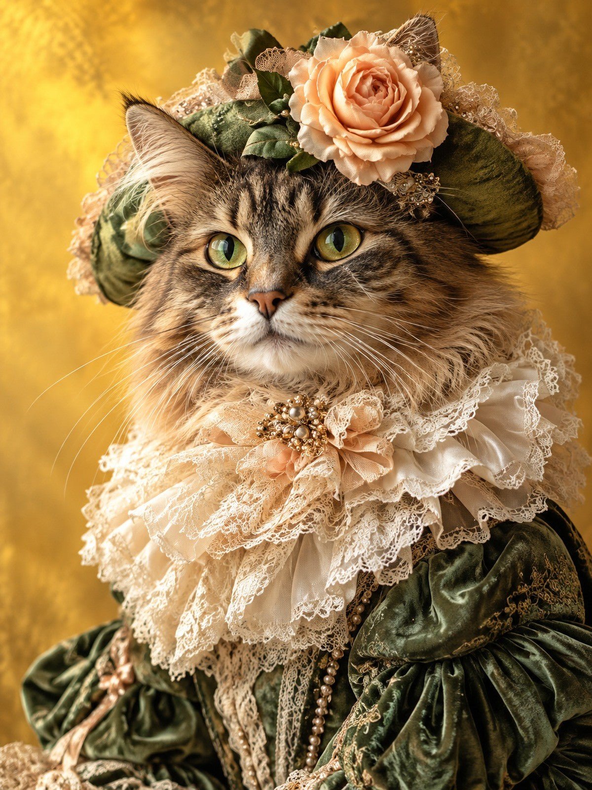 Gata de Chapéu de Flores e Vestido Verde