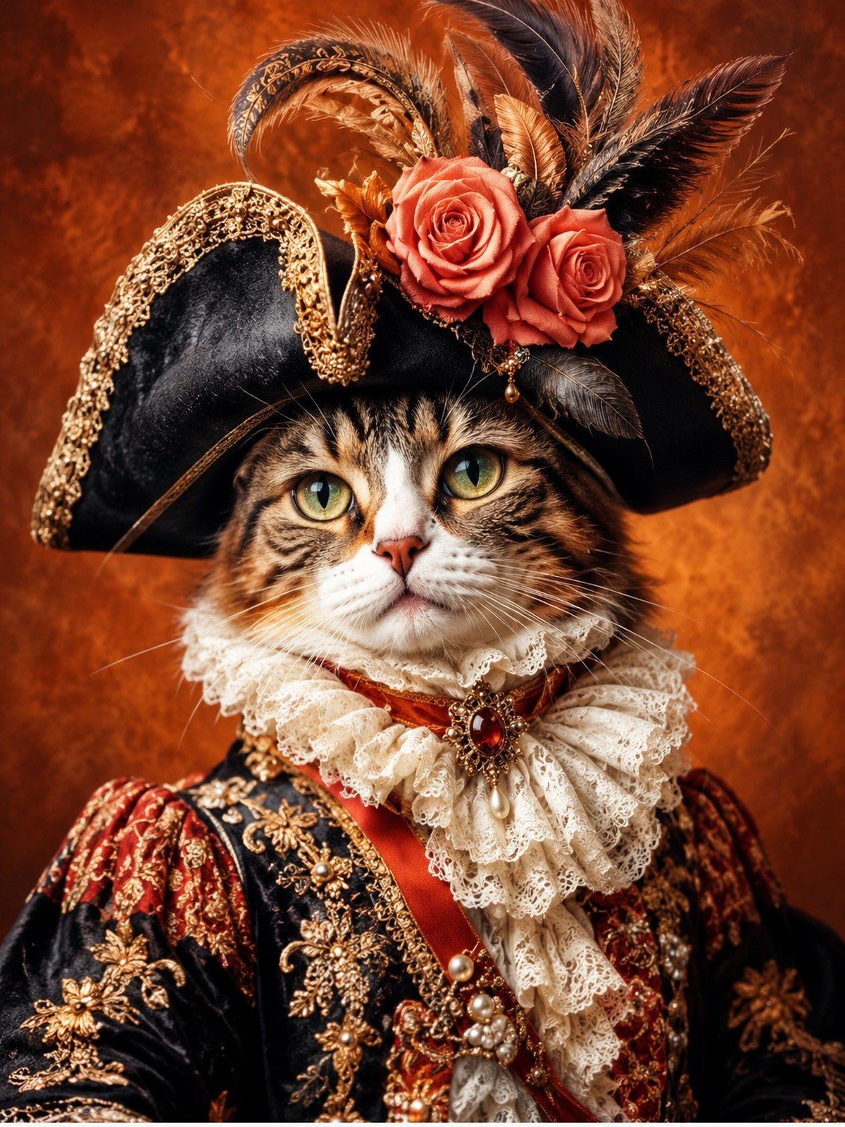 Gato de Chapéu Pirata com Rosas Vermelhas