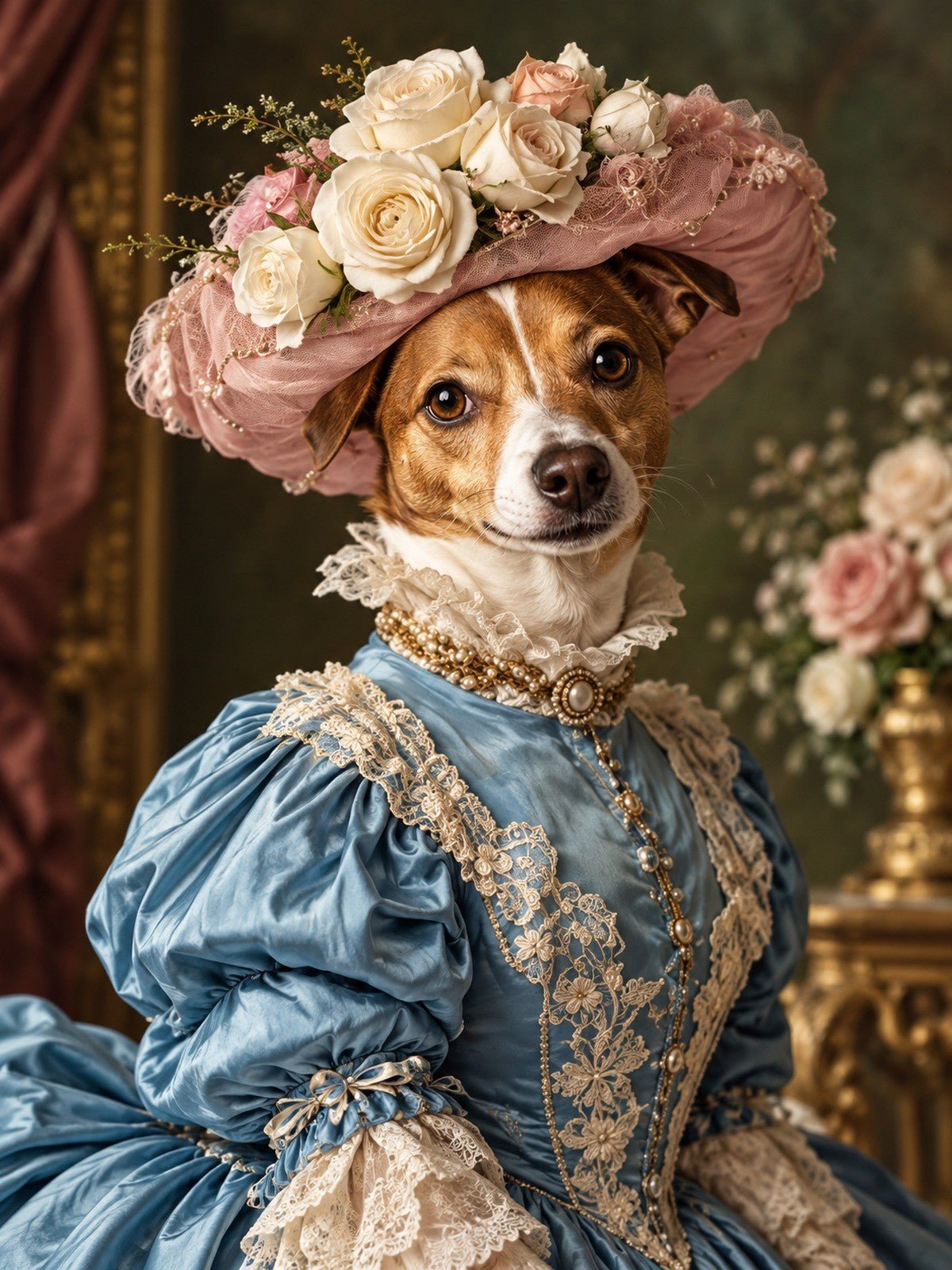 Cadela de Vestido Azul com Chapéu de Rosas