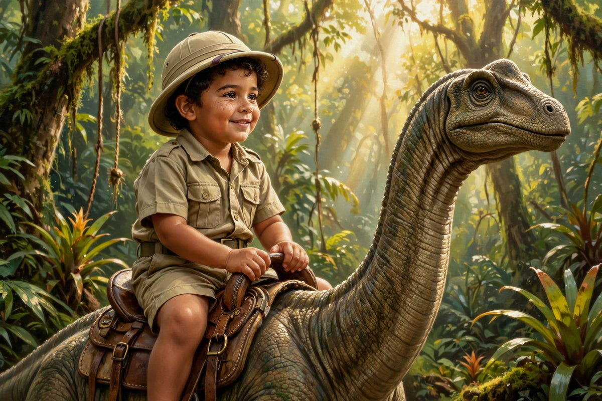 Menino no Dinossauro Pescoçudo - Quadro Personalizado