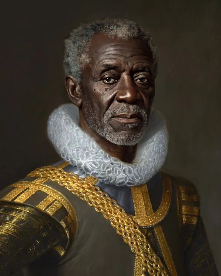 Detalhe do rosto do homem idoso, da gola branca ampla e do traje escuro ornamentado em dourado.