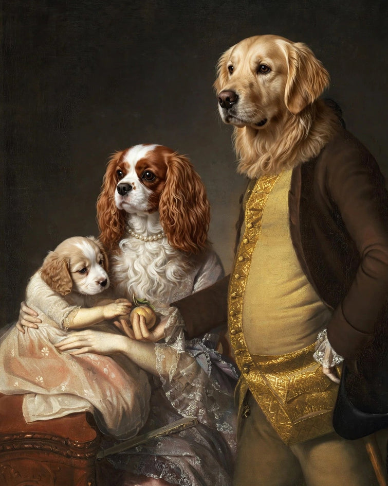 Detalhe dos rostos de três cães retratados com roupas de gala e acessórios, em pintura de estilo clássico.