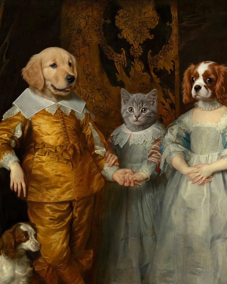 Detalhe do gato cinza entre cães em trajes de corte, com rendas e tecidos dourados e azul-acinzentados.
